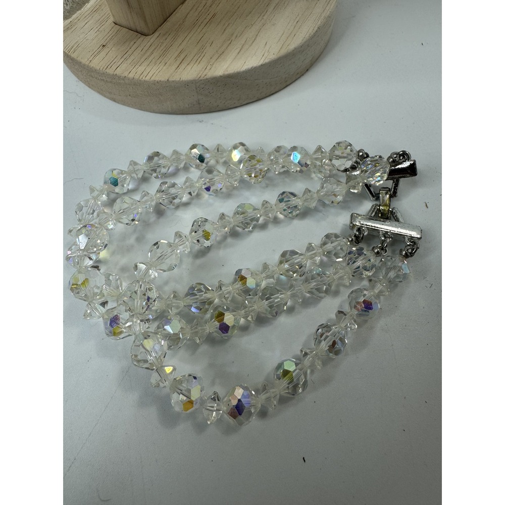 Vintage Triple Strand Aurora Borealis Crystal Bead Necklace Rhinestone Clasp
